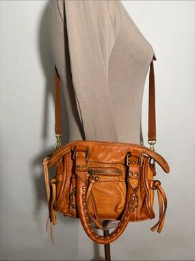 Mini Slouchy Leather Satchel Crossbody Bag in Cognac Brown